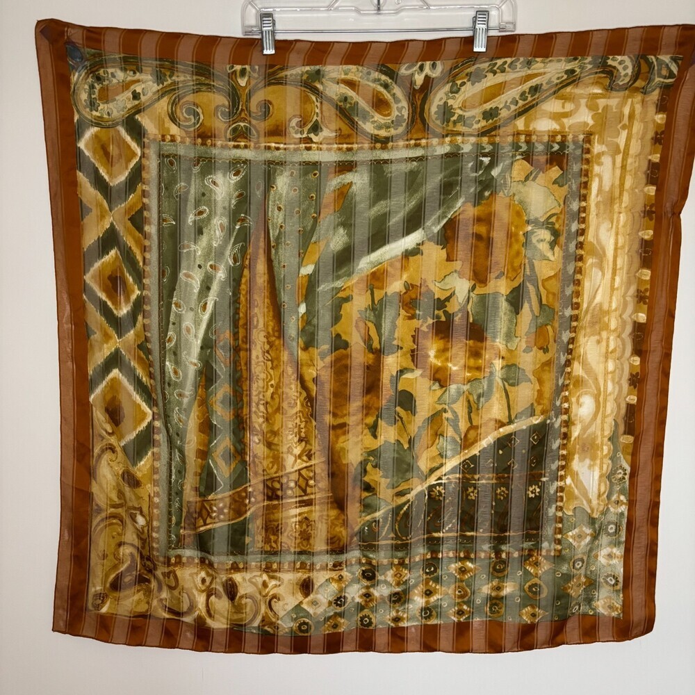 SYMPHONY SCARFS Made in Italy Brown Gold Paisley Floral Abstract Square - Picture 4 of 6